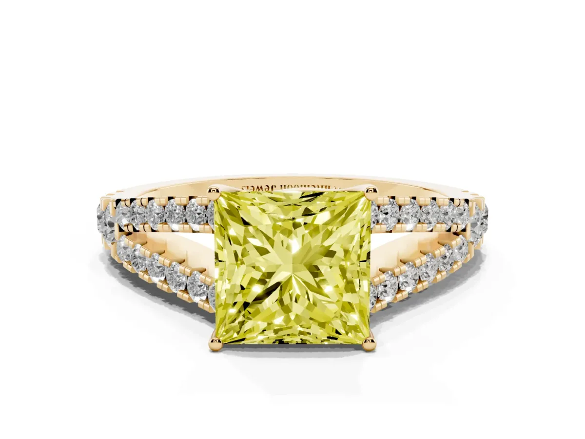 Fancy Yellow Princess Cut Diamond Split Shank Engagement Ring with Round Pavé and Prong Setting Yellow gold