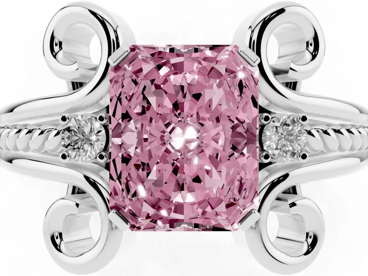 Fancy Pink Radiant Cut Solitaire Twisted Band Scroll Prong Ring Silver
