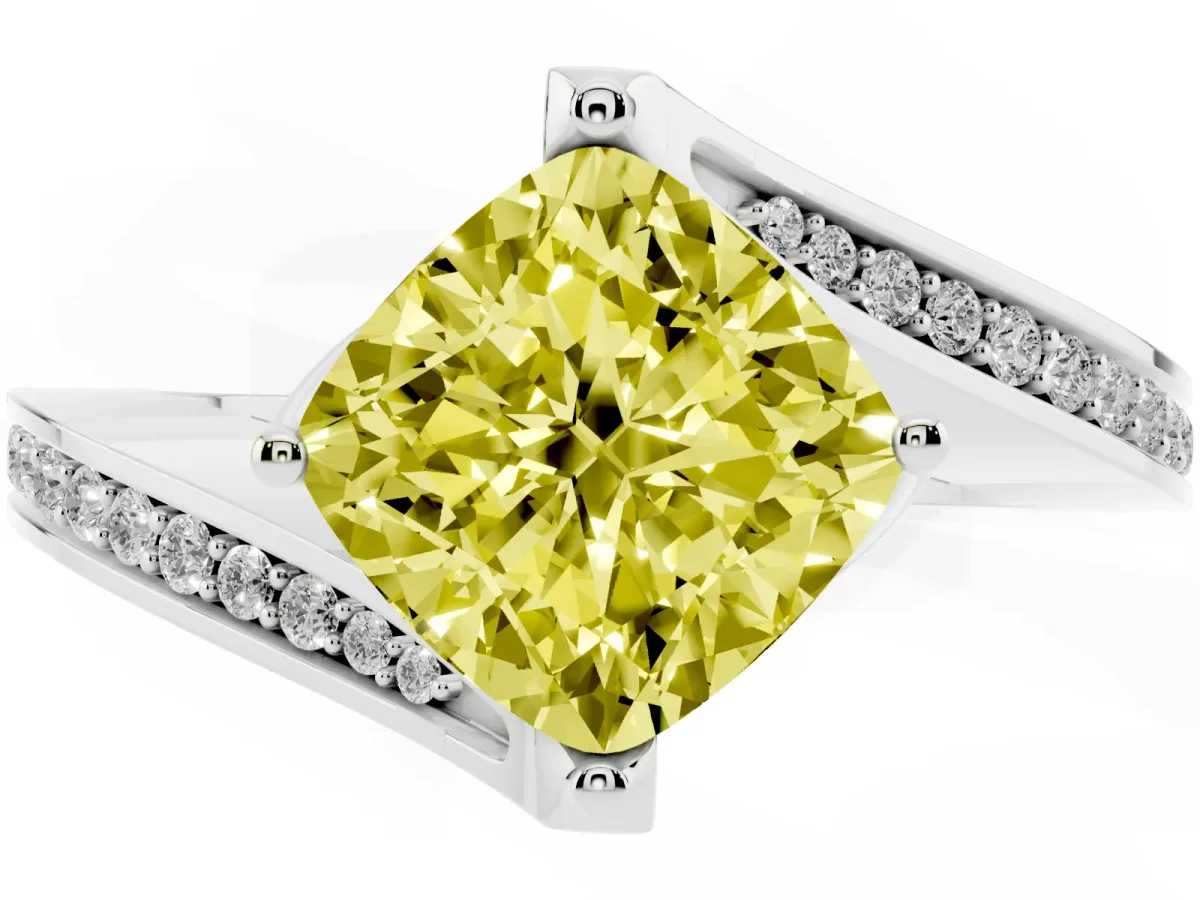 Fancy Yellow Cushion Cut Solitaire Diamond Twist Band with Pavé Setting and Four-Prong Setting White gold