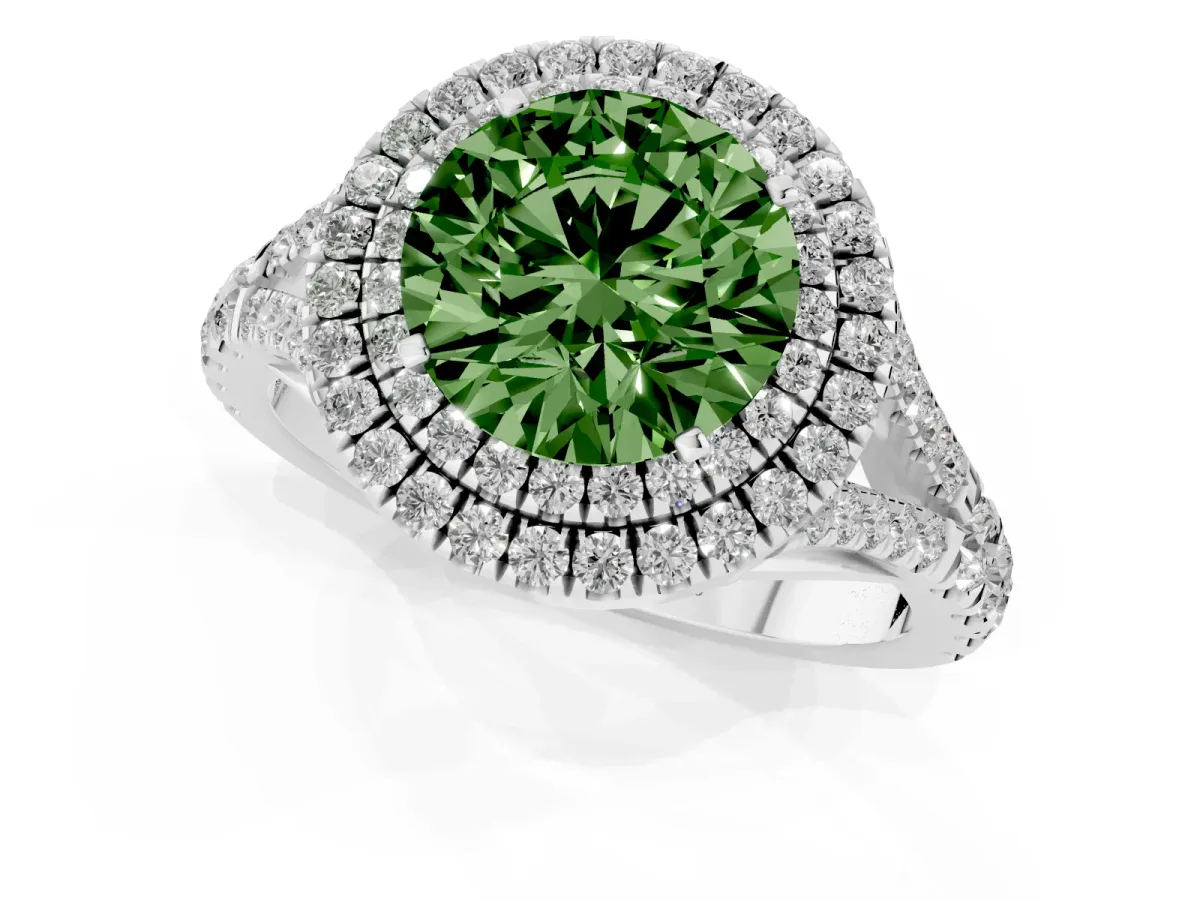 Fancy Green Round Cut Diamond Double Halo Ring with Split Shank and Prong Setting Platinum