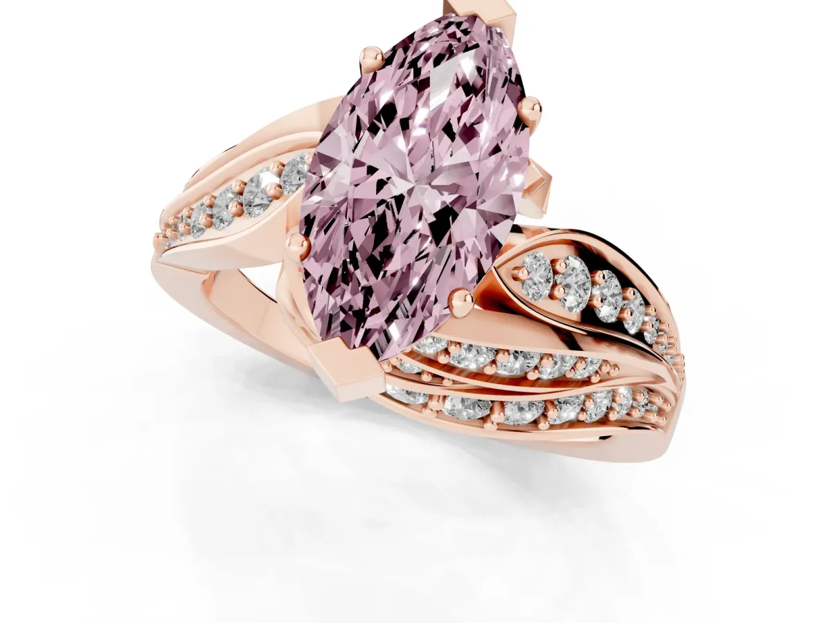 Fancy Pink Marquise Cut Diamond Solitaire Ring with Prong Setting and Twisted Pavé Band Rose gold