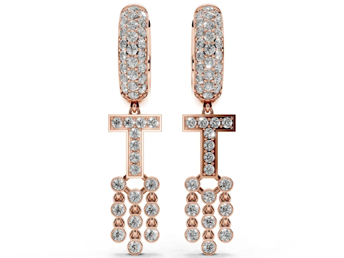 Round Diamond Initial T Huggie Hoop Earrings Rose gold