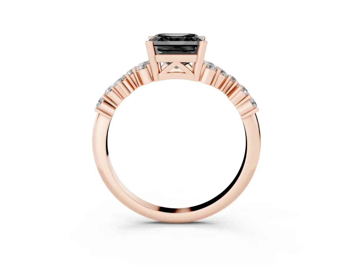 Fancy Black Asscher Cut Diamond Scattered Round Accent Ring with Prong Setting Rose gold
