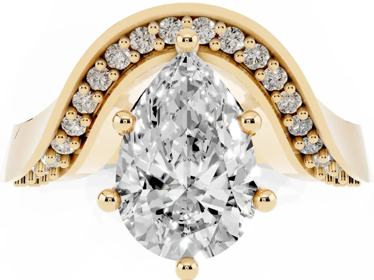 Pear Cut Solitaire Diamond Engagement Ring with Pave Band and Four-Prong Setting Yellow gold