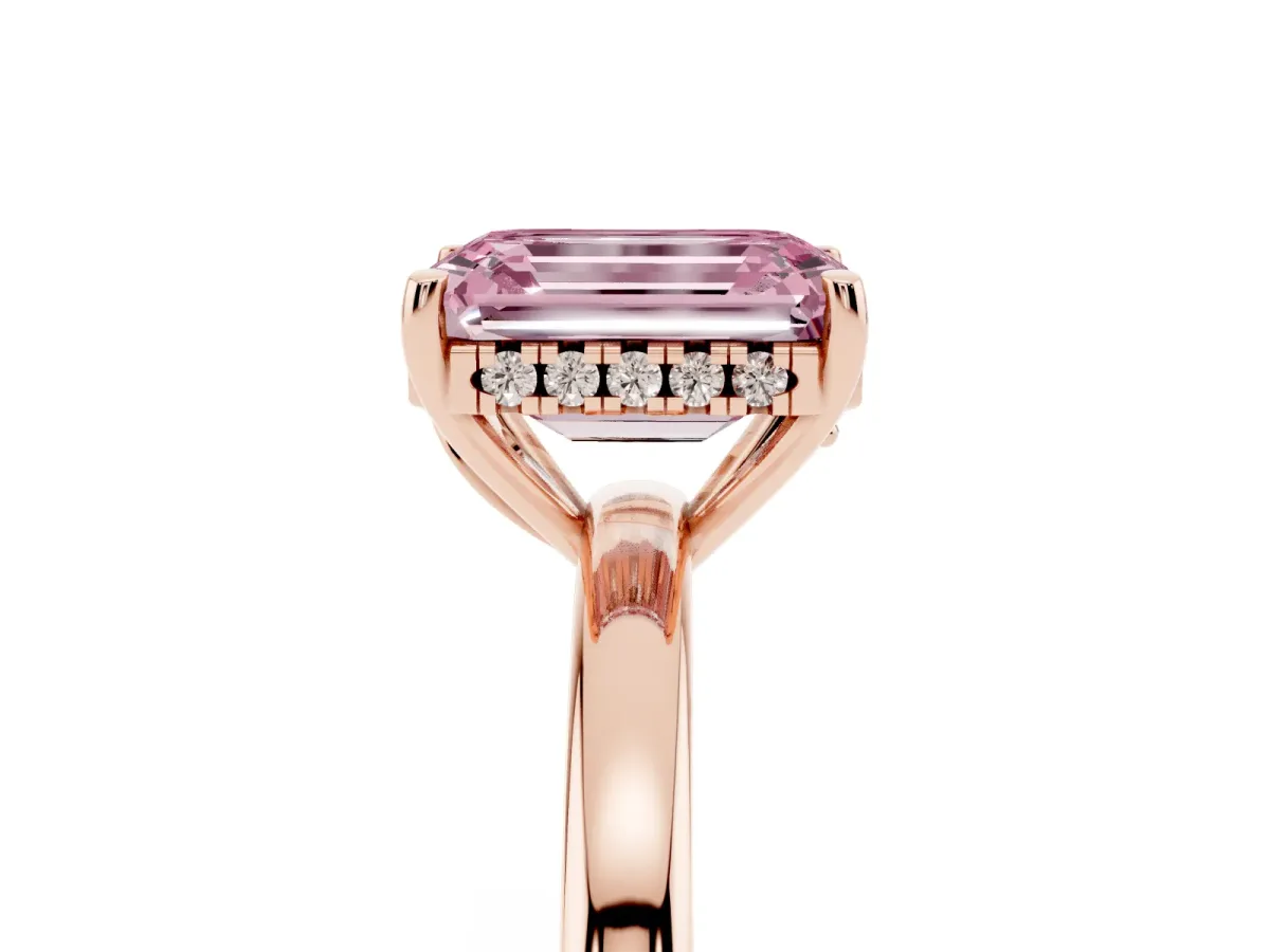 Fancy Pink Emerald Cut Solitaire Diamond Ring with Prong Setting and Plain Band Rose gold