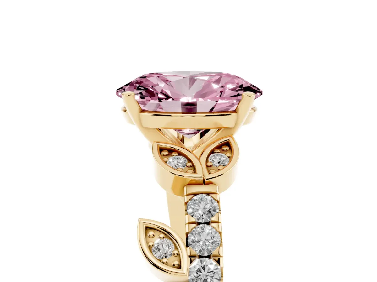 Fancy Pink Oval Cut Solitaire Leaf-Inspired Diamond Ring with Pavé Band and Four-Prong Setting Yellow gold