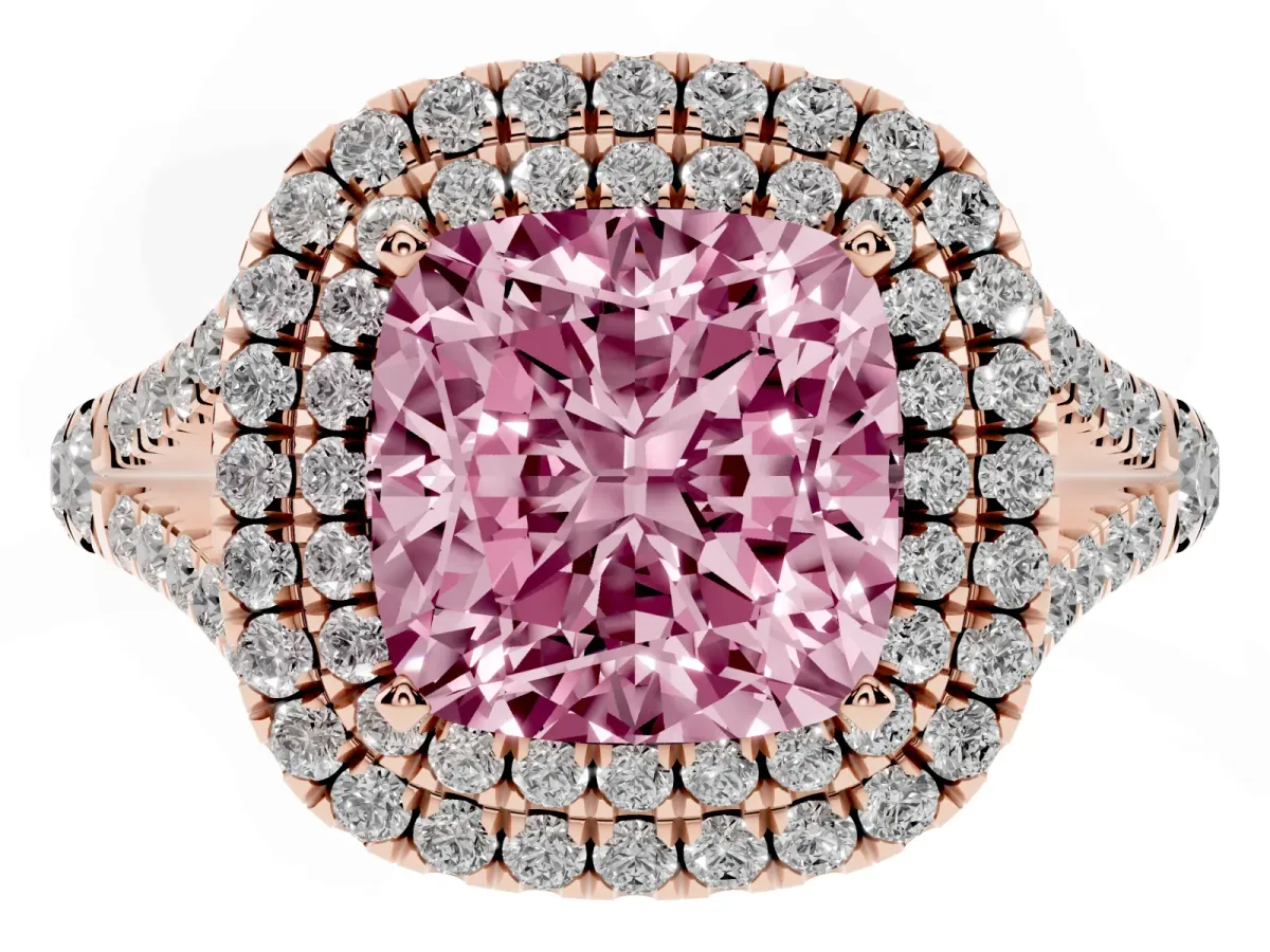Fancy Pink Cushion Cut Diamond Pavé Split Shank Double Halo Engagement Ring Rose gold