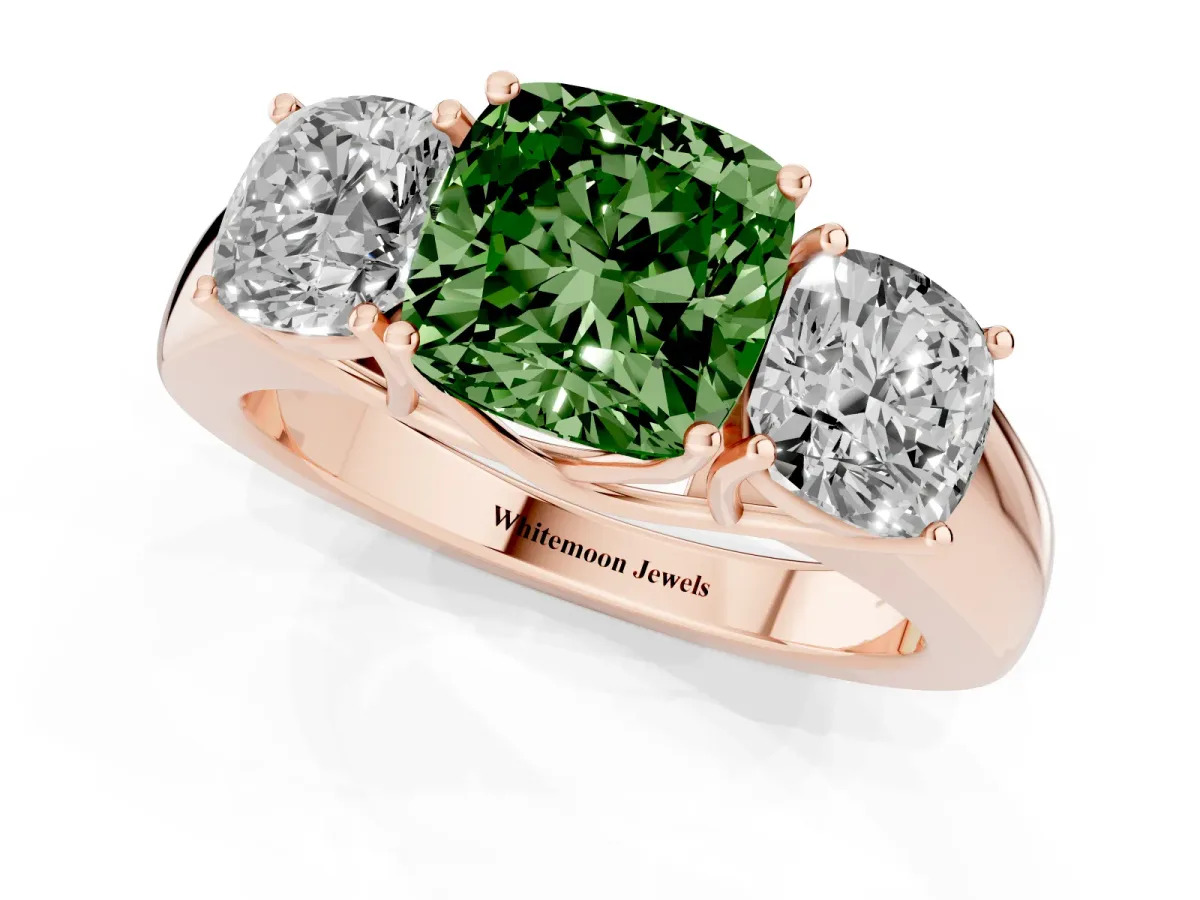 Fancy Green Three-Stone Cushion Cut Cut Diamond Ring with Prong Setting and Classic Band Rose gold