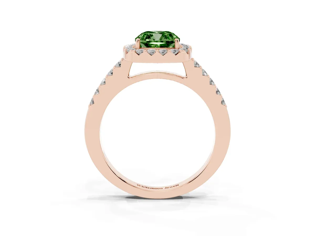 Fancy Green Cushion Cut Halo Diamond Pavé Solitaire Ring Rose gold