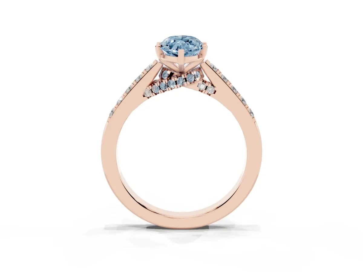 Fancy Blue Marquise Cut Diamond Solitaire Ring with Crossover Gallery and Round Pavé Band Rose gold