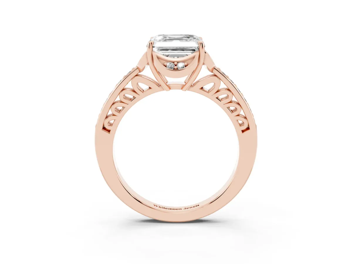 Asscher Cut Cut Halo Diamond Ring with Channel Set Band and Four-Prong Setting Rose gold
