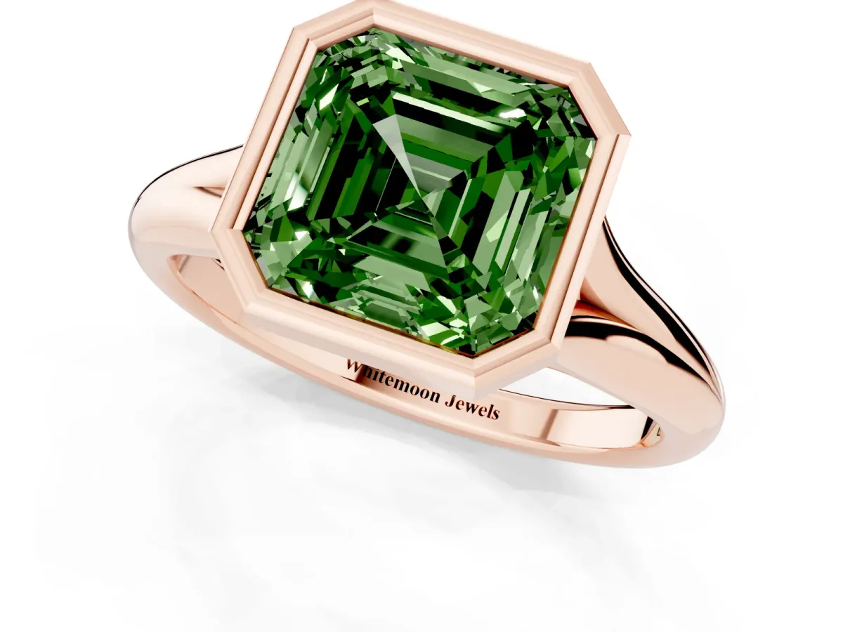Fancy Green Bezel Set Asscher Cut Solitaire Diamond Ring with Smooth Band Rose gold