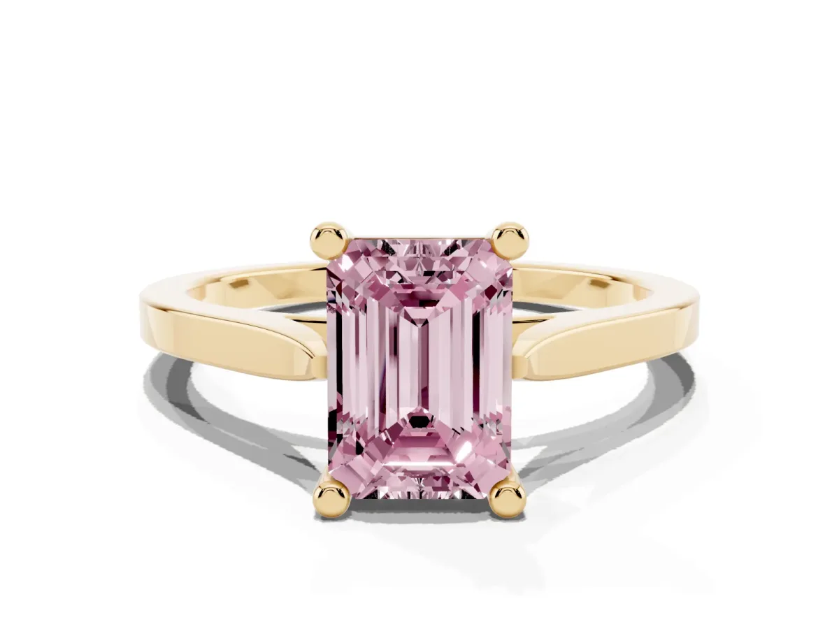 Fancy Pink Emerald Cut Solitaire Diamond Ring with Four-Prong Setting and Tapered Band Yellow gold