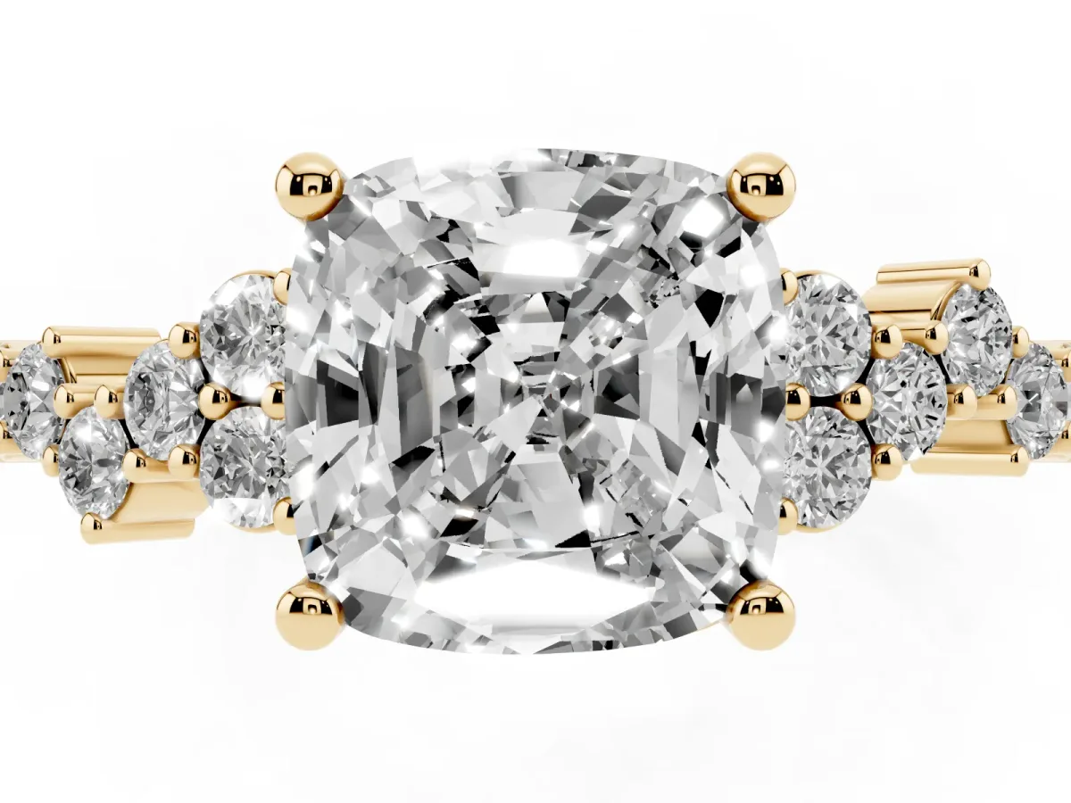 Cushion Cut Diamond Scattered Round Accent Ring with Prong Setting Yellow gold