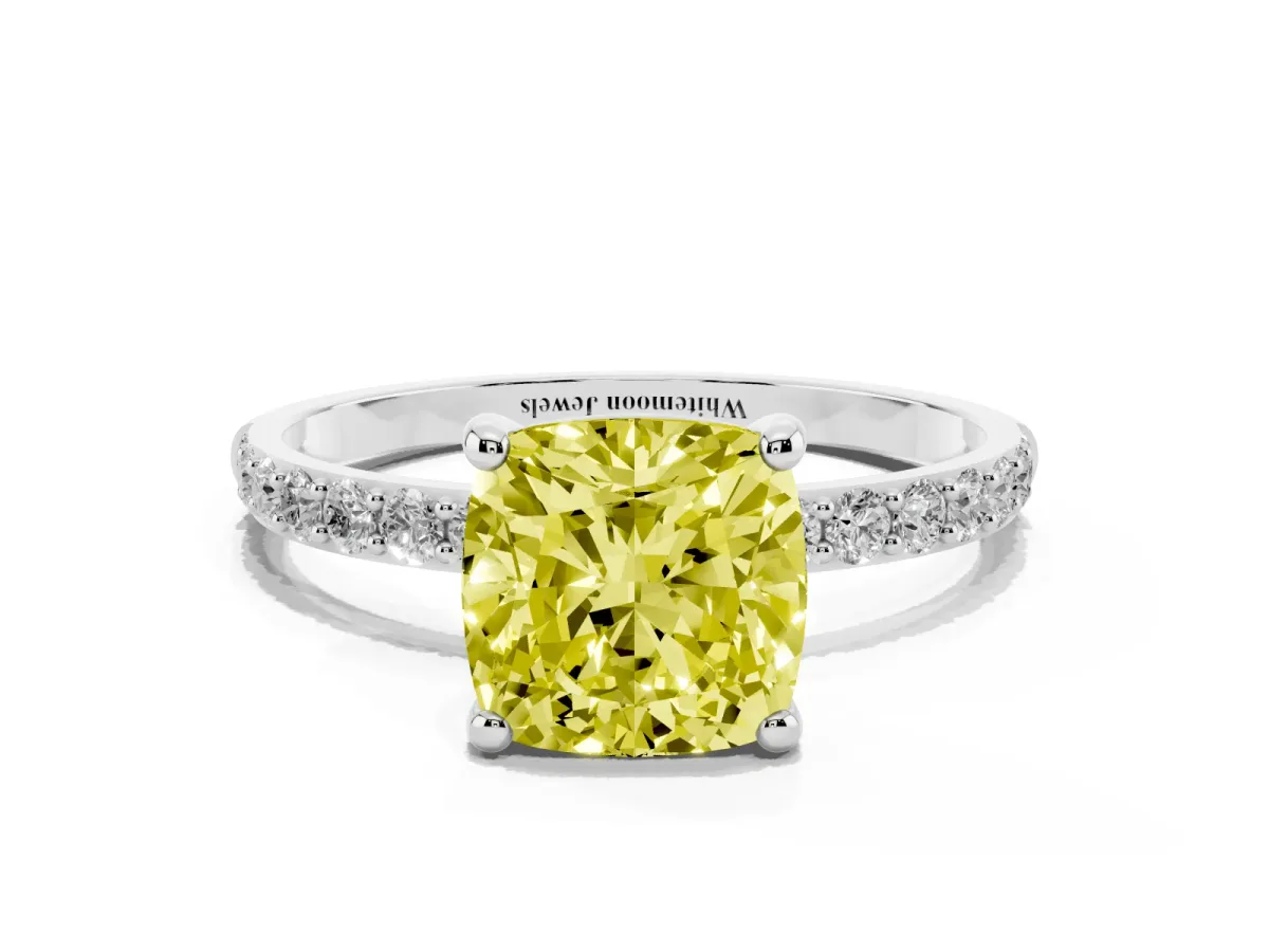 Fancy Yellow Cushion Cut Diamond Solitaire Ring with Round Pavé Band and Prong Setting Silver