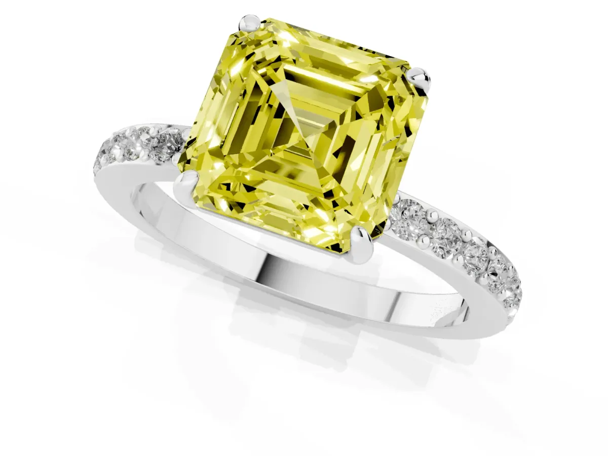 Fancy Yellow Asscher Cut Diamond Solitaire Engagement Ring with Pavé Band and Four-Prong Setting Silver