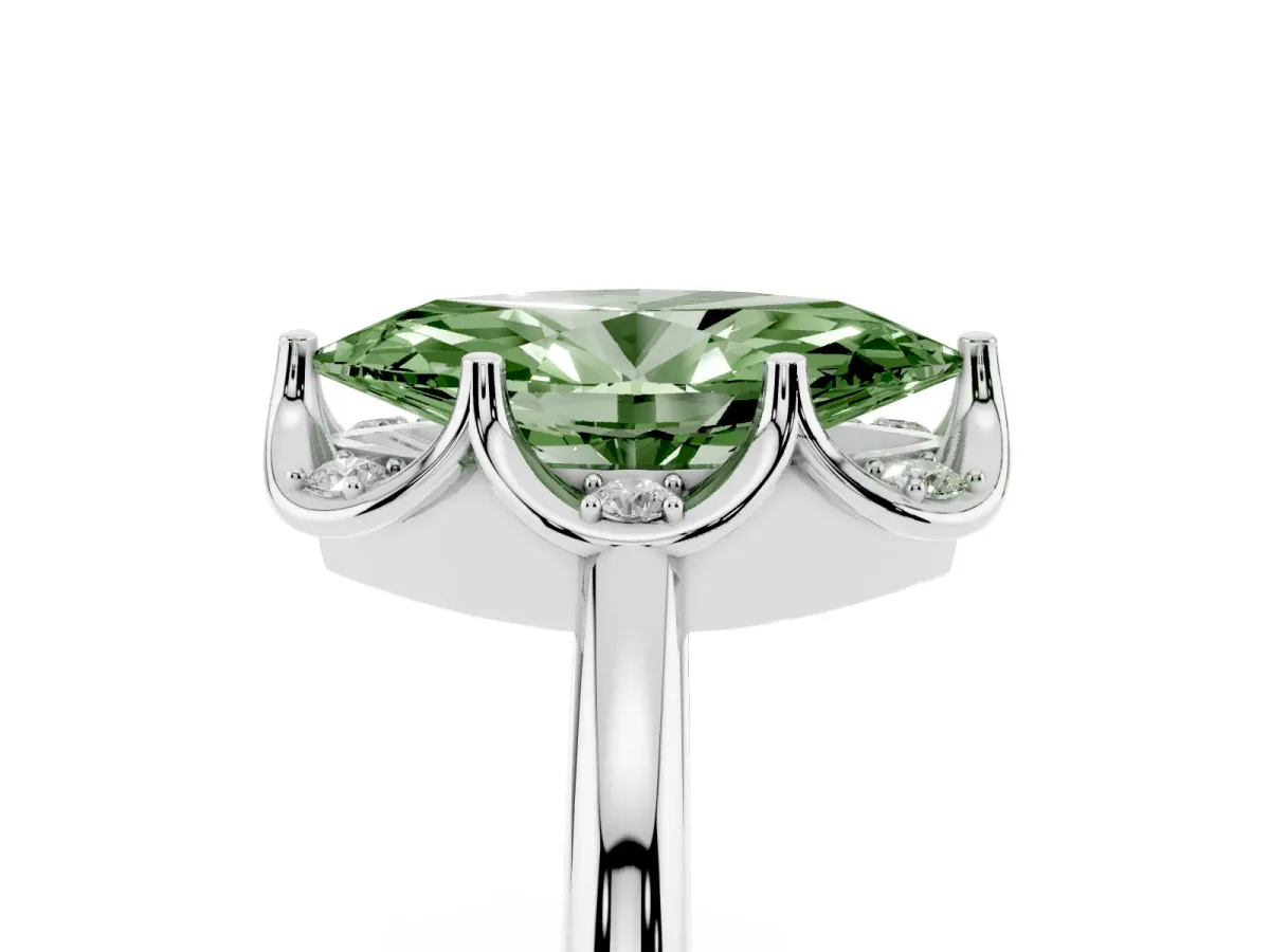 Fancy Green Marquise Cut Halo Diamond Ring with Round Cluster Setting, Solitaire Band, and Four-Prong Setting Silver