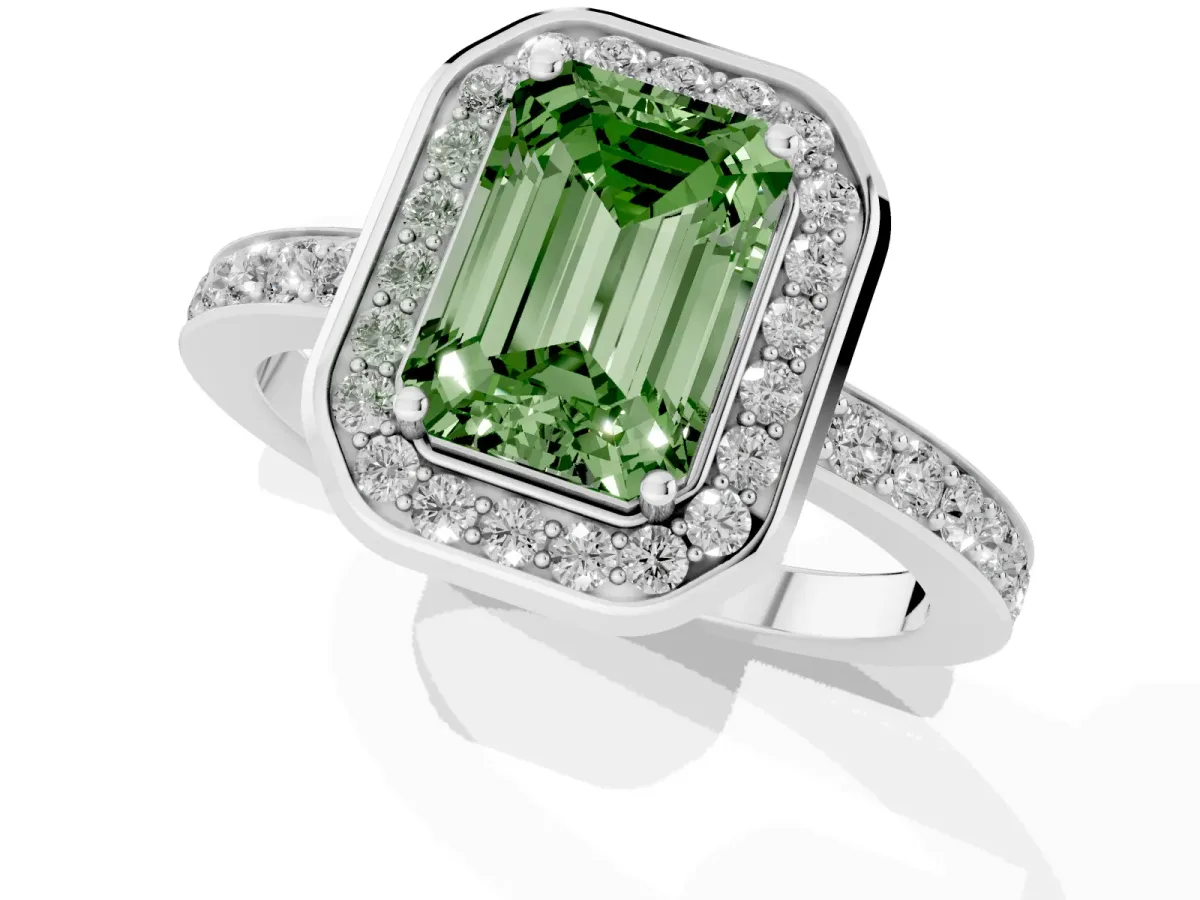 Fancy Green Emerald Cut Diamond Halo Ring with Bezel Frame and Pavé Band Silver