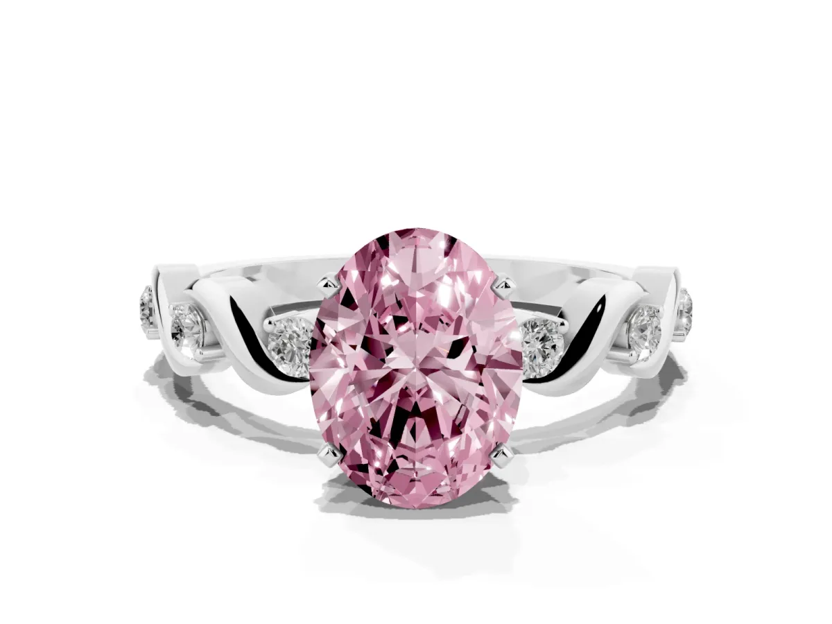 Fancy Pink Oval Cut Diamond Solitaire Twisted Band with Round Accents and Prong Setting Silver