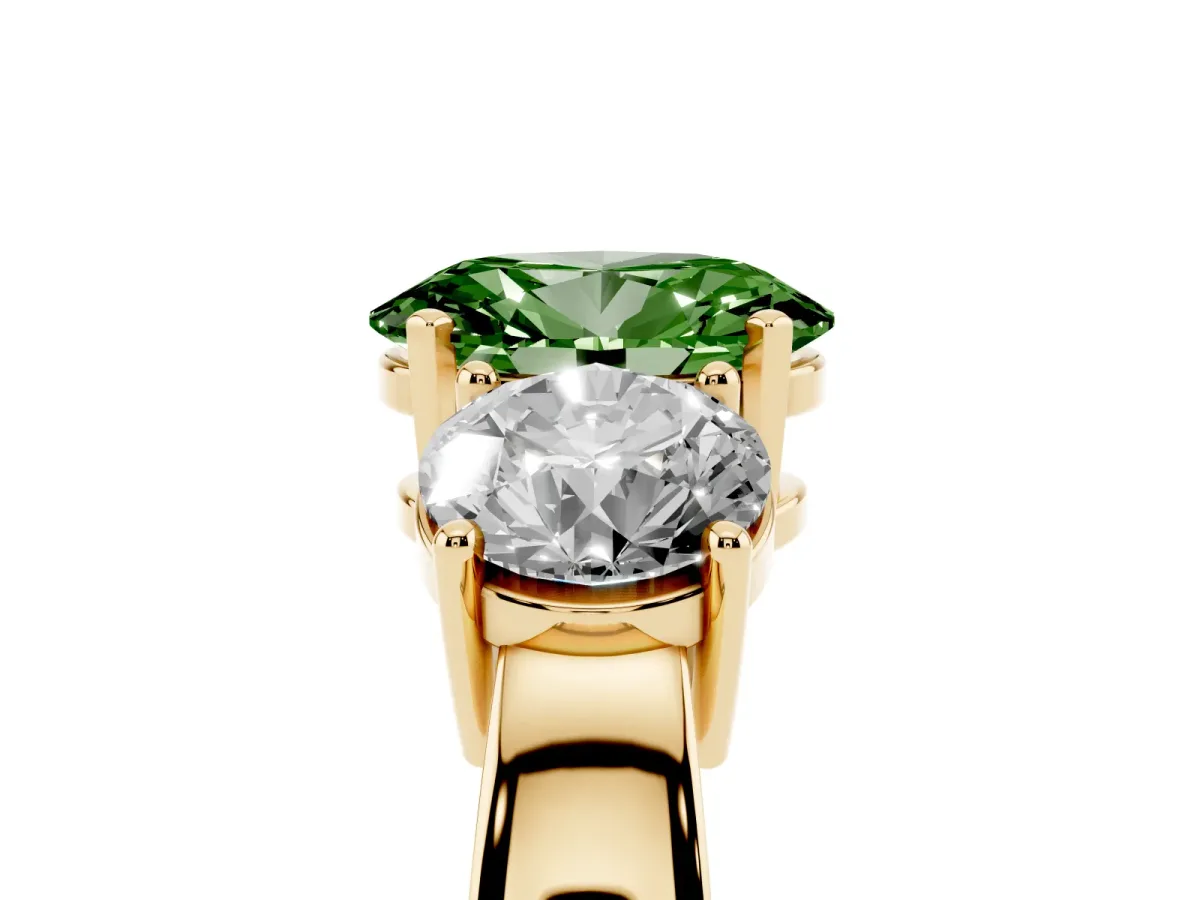 Fancy Green Three-Stone Oval Cut Diamond Ring with Round Side Stones, Classic Band, and Four-Prong Setting Yellow gold