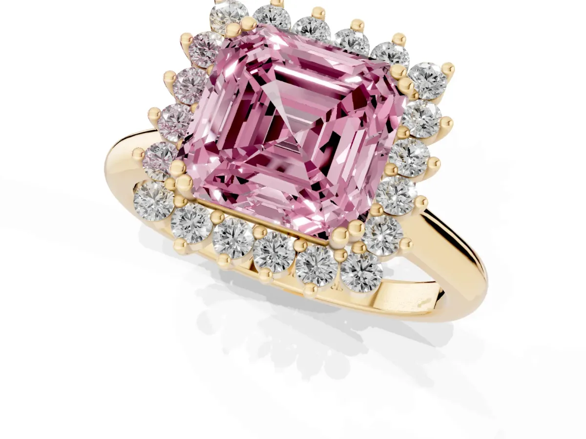 Fancy Pink Asscher Cut Cut Diamond Halo Ring with Solitaire Band and Prong Setting Yellow gold