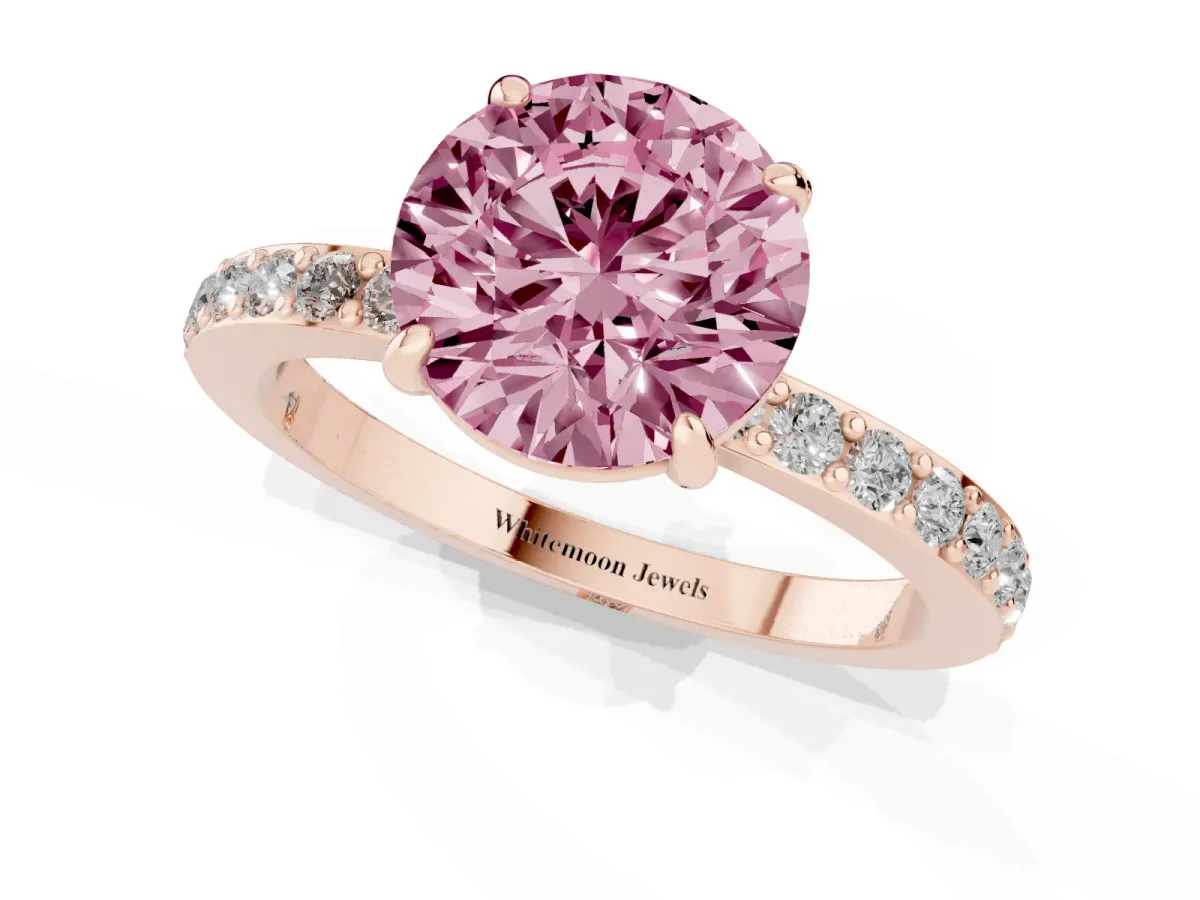 Fancy Pink Round Cut Diamond Pavé Engagement Ring with Round Accents and Prong Setting Rose gold