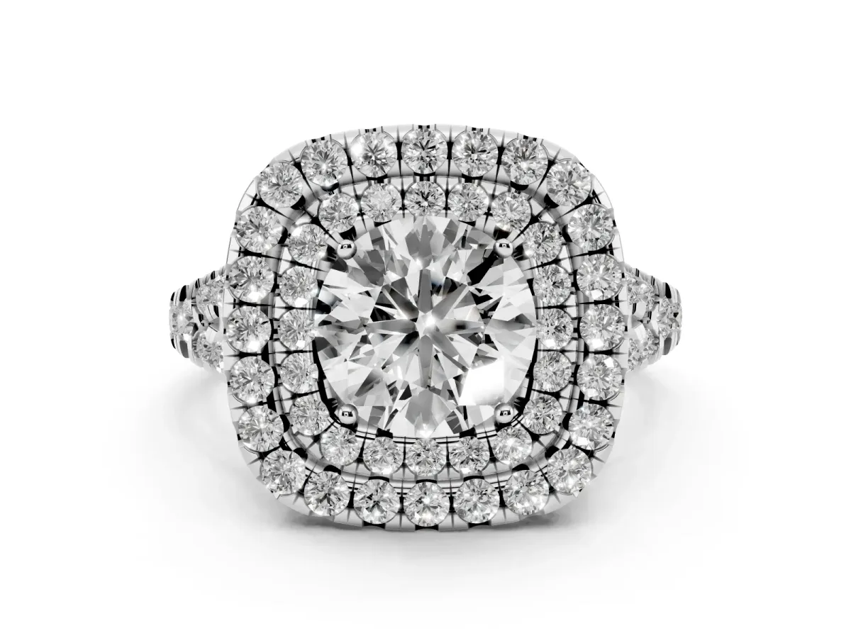 Double Halo Round Cut Diamond Pavé Split Shank Ring with Prong Setting Silver