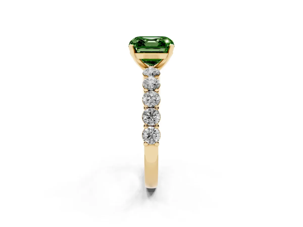 Fancy Green Asscher Cut Diamond Solitaire Ring with Shared Prong Round Side Stones Yellow gold