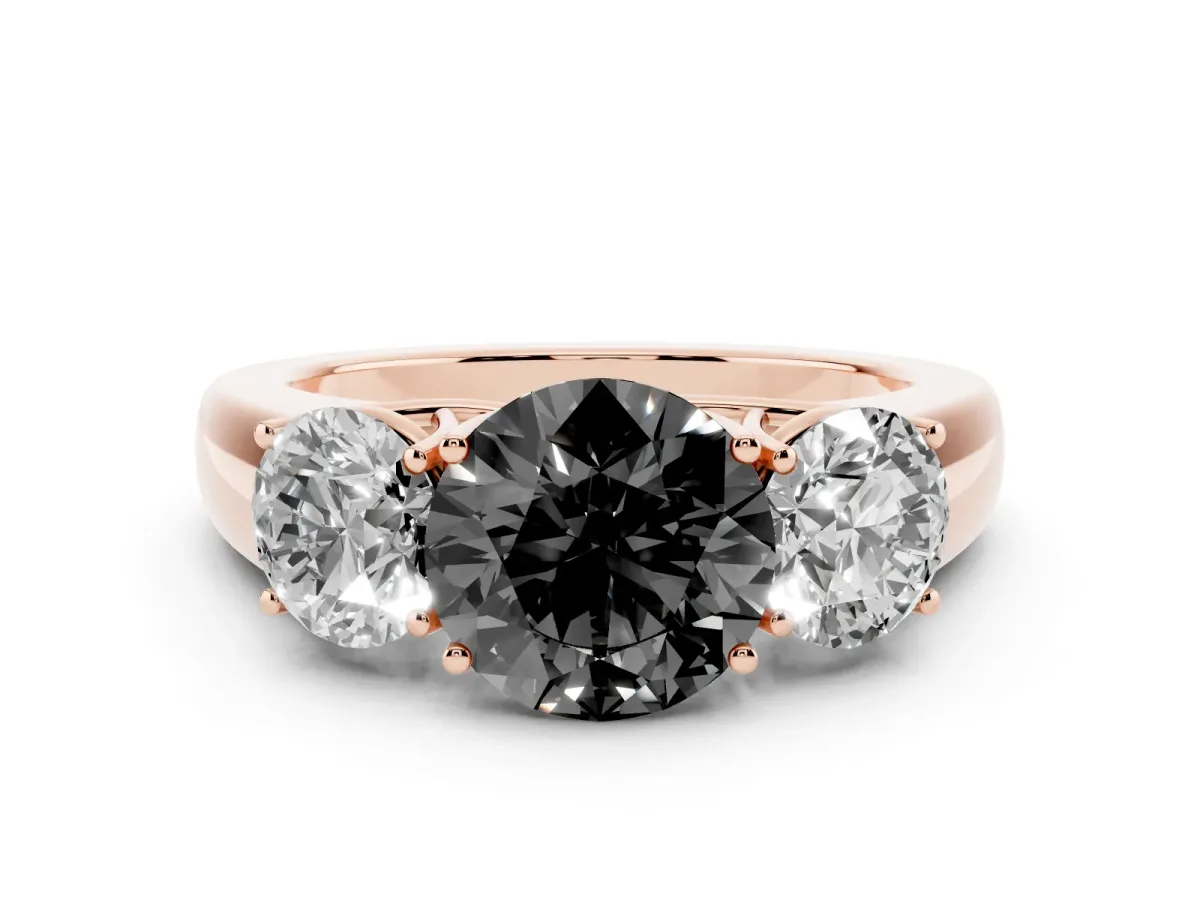 Fancy Black Three-Stone Round Cut Cut Diamond Ring with Prong Setting and Classic Band Rose gold