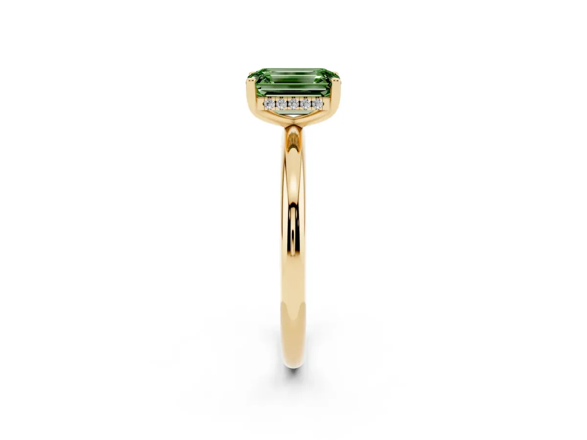 Fancy Green Emerald Cut Cut Solitaire Engagement Ring with Four-Prong Setting and Classic Band Yellow gold