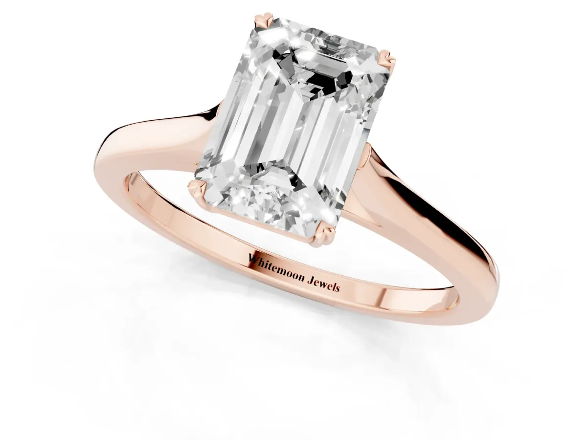 Emerald Cut Solitaire Heart Prong Engagement Ring with Tapered Band Rose gold