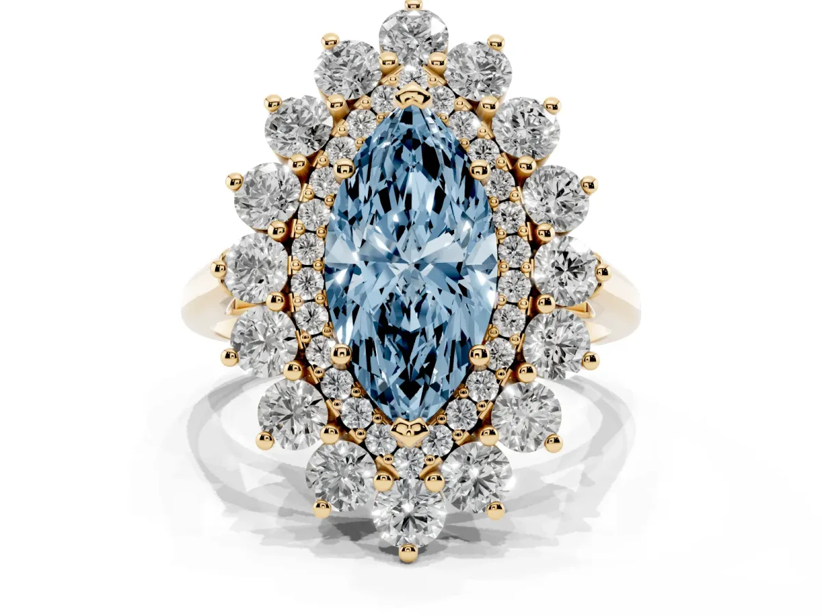 Fancy Blue Marquise Cut Diamond Floral Double Halo Engagement Ring with Prong Setting Yellow gold