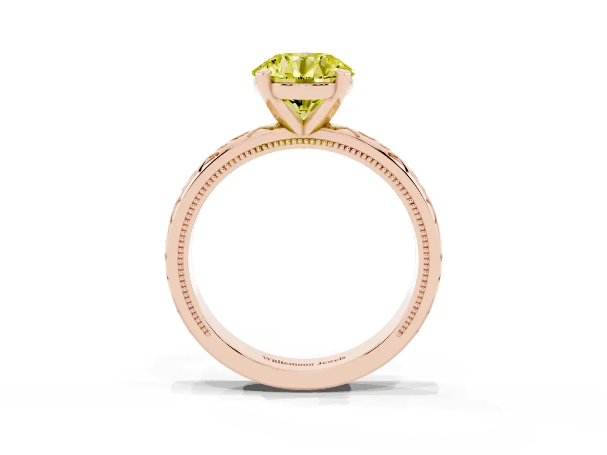 Fancy Yellow Round Cut Solitaire Engagement Ring with Scrollwork Band and Four-Prong Setting Rose gold