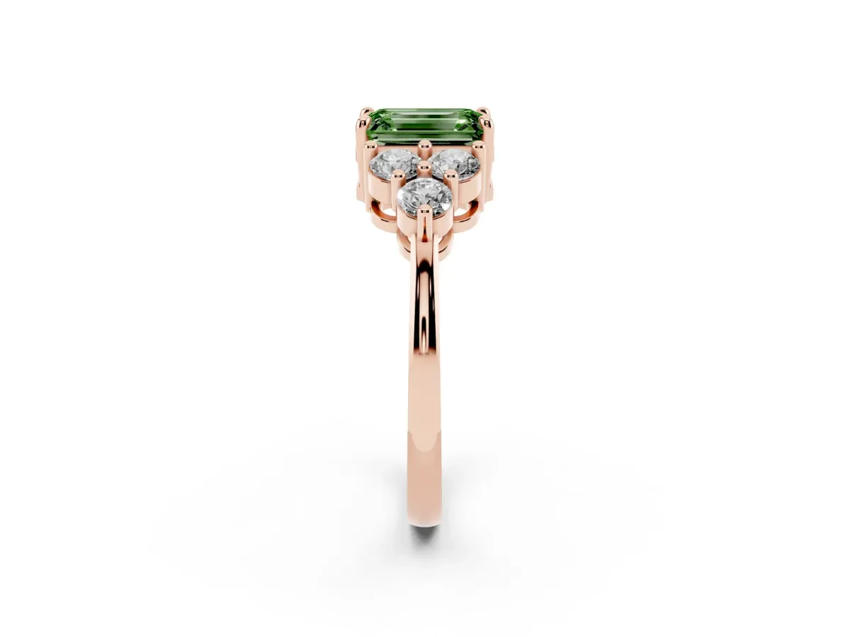 Fancy Green Emerald Cut Brilliant Diamond Cluster Accent Solitaire Ring with Prong Setting Rose gold