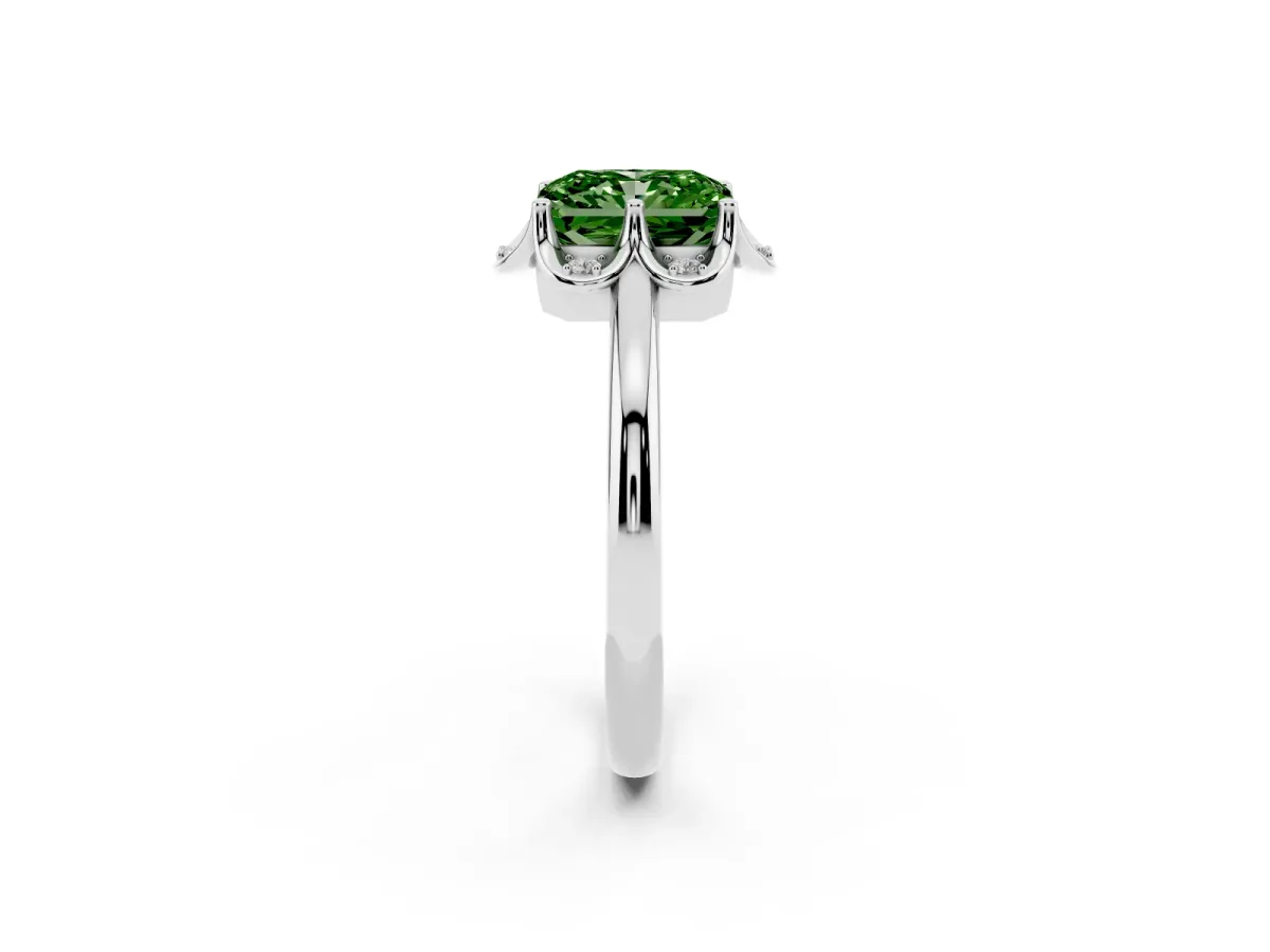 Fancy Green Radiant Cut Halo Diamond Ring with Round Cluster Setting, Solitaire Band, and Four-Prong Setting Silver