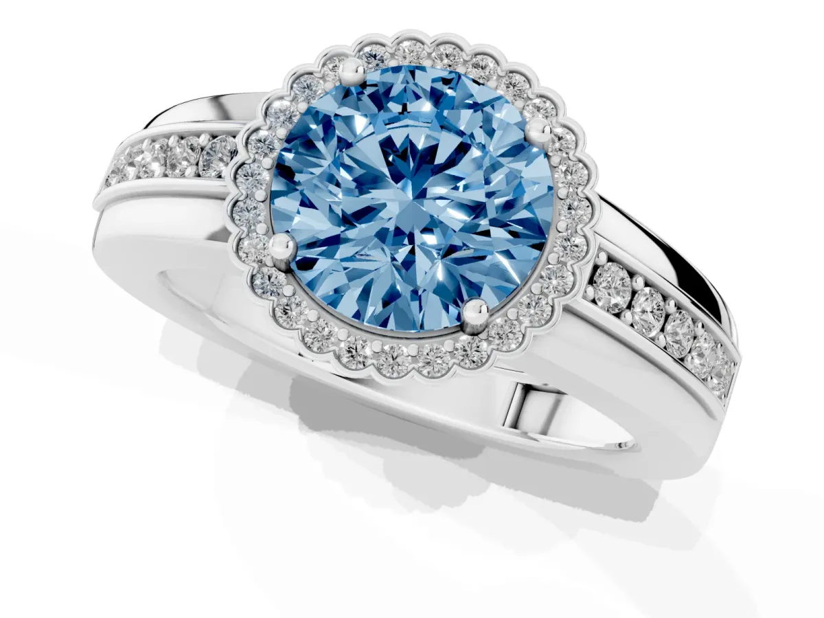 Fancy Blue Round Cut Cut Halo Pave Band Four-Prong Ring Silver