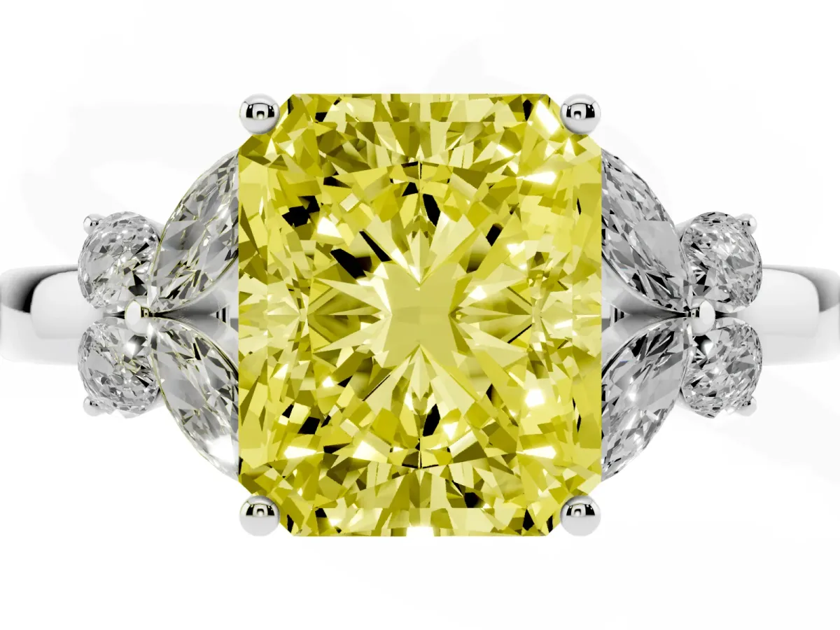 Fancy Yellow Radiant Cut Cut Solitaire Floral Diamond Ring with Four-Prong Setting Silver