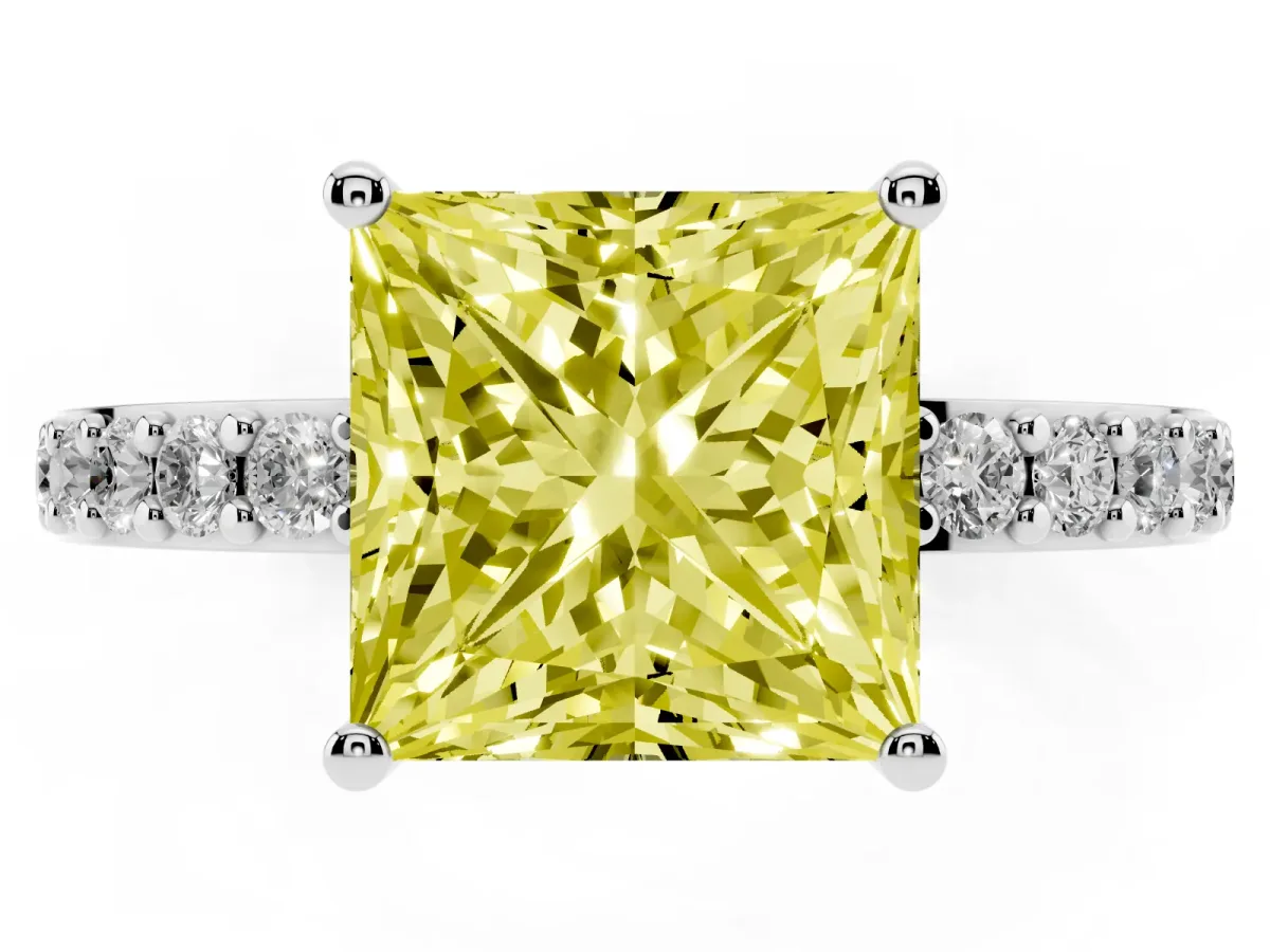 Fancy Yellow Princess Cut Cut Diamond Solitaire with Pave Band and Four-Prong Setting Silver