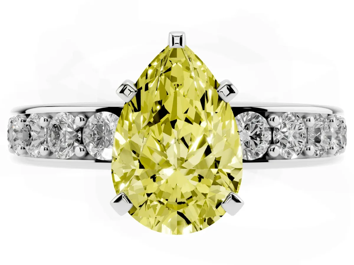 Fancy Yellow Pear Cut Diamond Engagement Ring with Channel Set Round Band and Prong Setting Silver