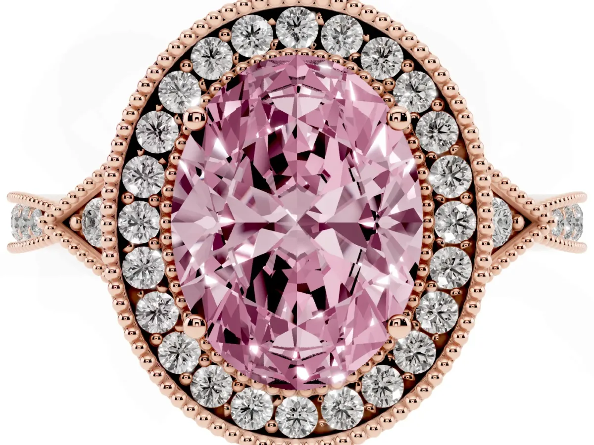 Fancy Pink Oval Cut Halo Round Diamond Milgrain Pave Engagement Ring Rose gold