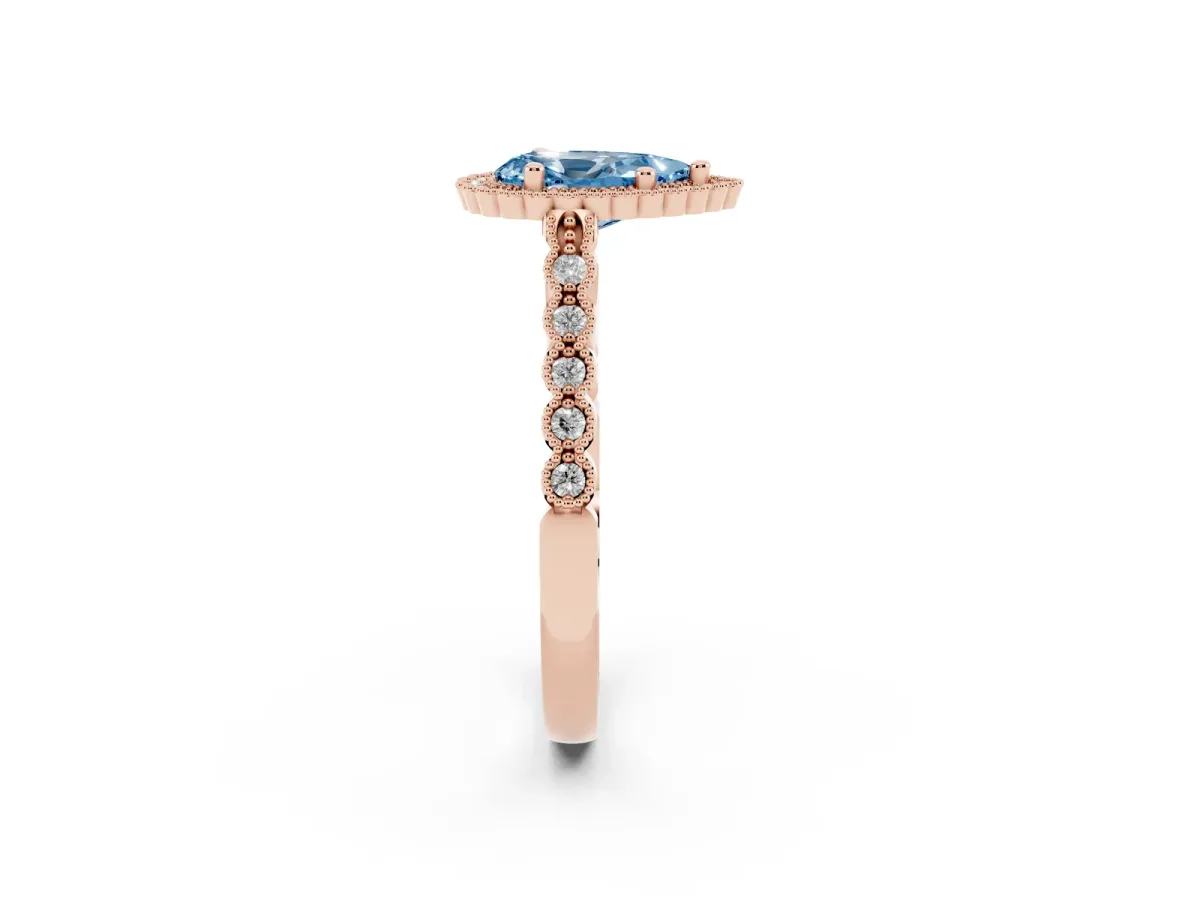 Fancy Blue Pear Cut Cut Halo Pavé Solitaire Ring with Milgrain Band Rose gold