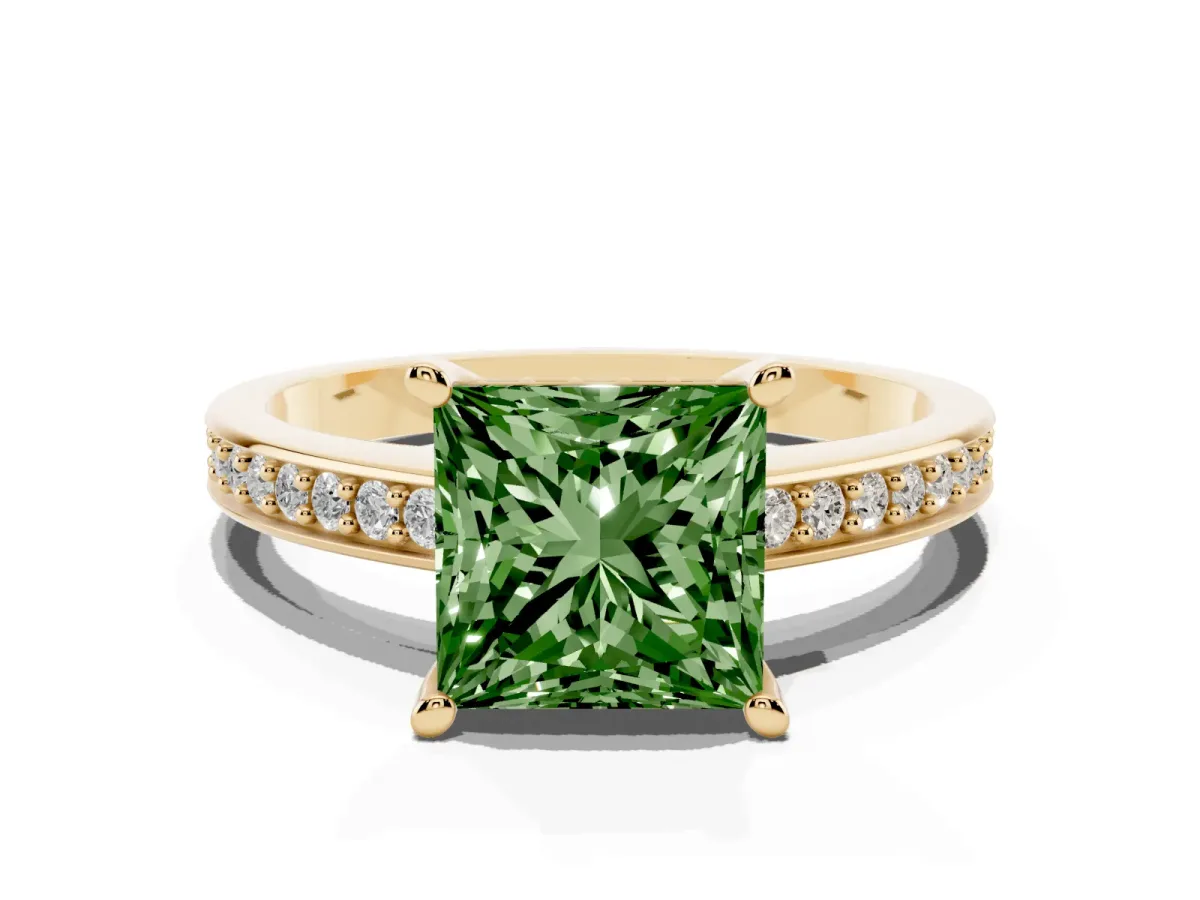 Fancy Green Princess Cut Solitaire Pavé Band Prong Setting Ring Yellow gold
