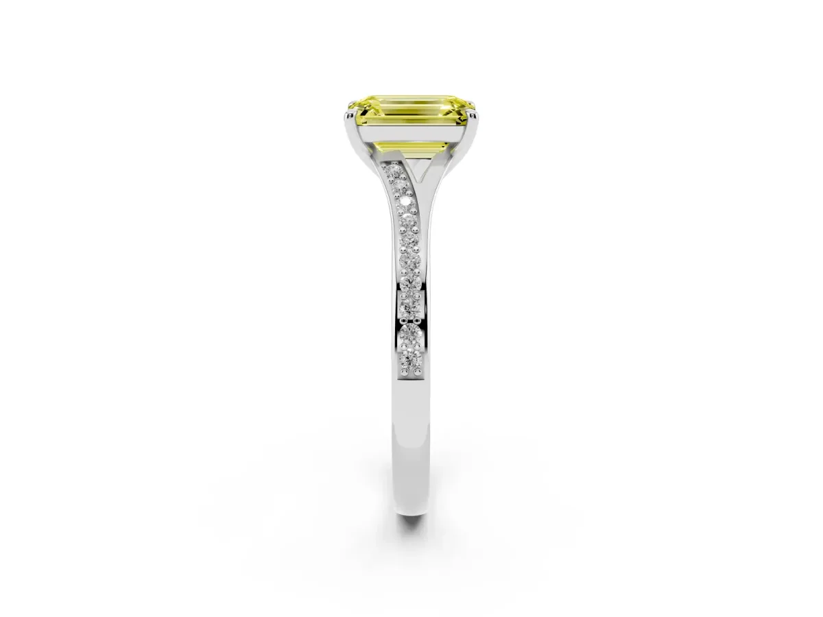 Fancy Yellow Emerald Cut Diamond Solitaire Ring with Pavé Band and Prong Setting Silver
