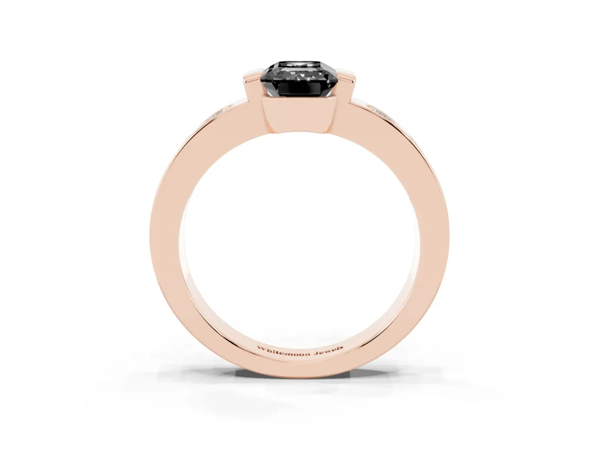 Fancy Black Emerald Cut Brilliant Channel-Set Diamond Ring with Bezel Prong Setting Rose gold
