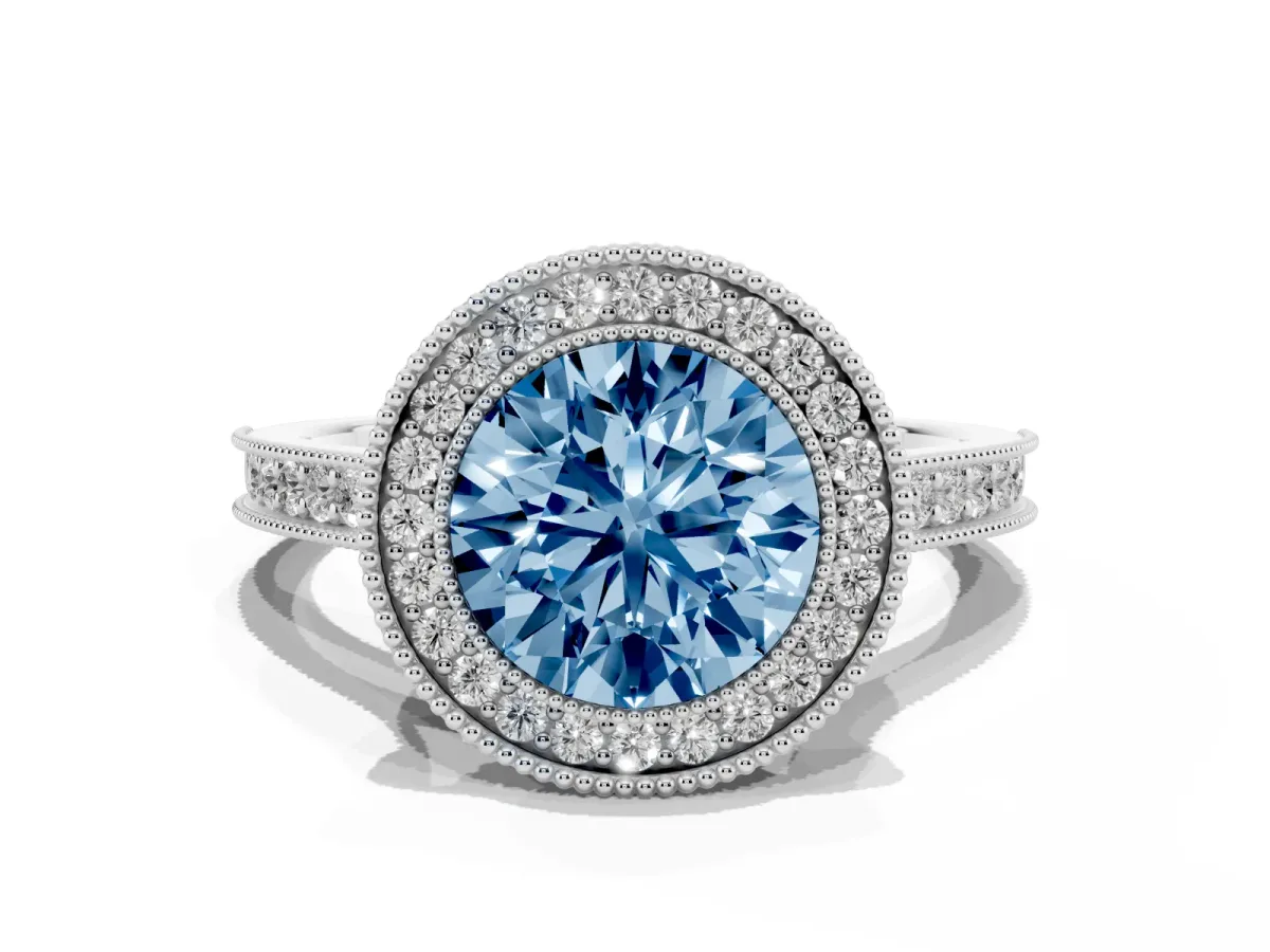 Fancy Blue Halo Round Cut-Cut Diamond Pave Band Milgrain Prong Setting Ring Silver