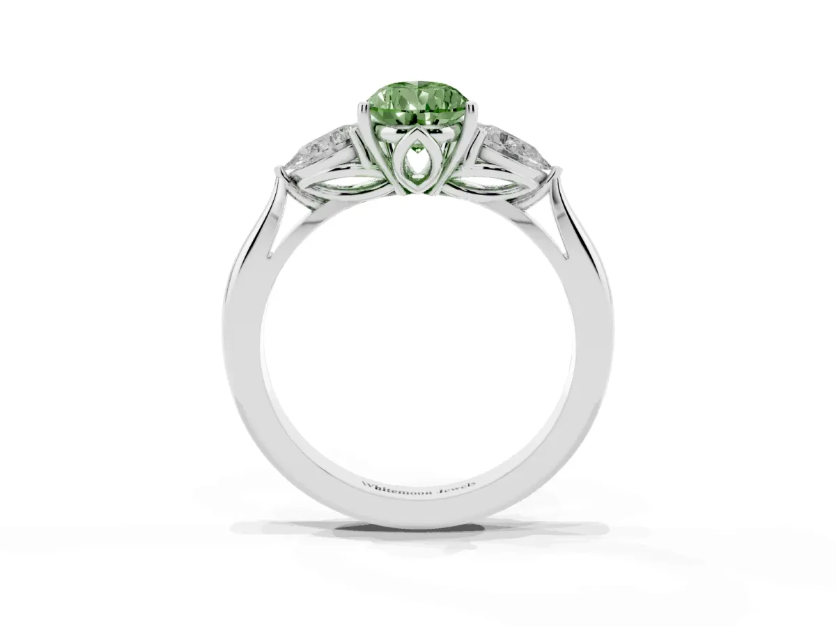 Fancy Green Three-Stone Pear Cut Diamond Ring with Pear Side Stones in Four-Prong Setting Silver
