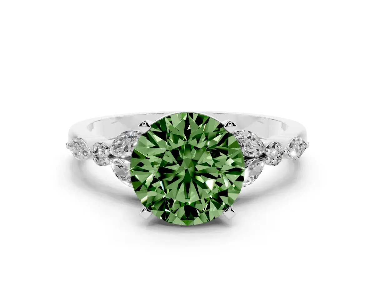 Fancy Green Round Cut Diamond Solitaire Ring with Side Stones and Four-Prong Setting Silver