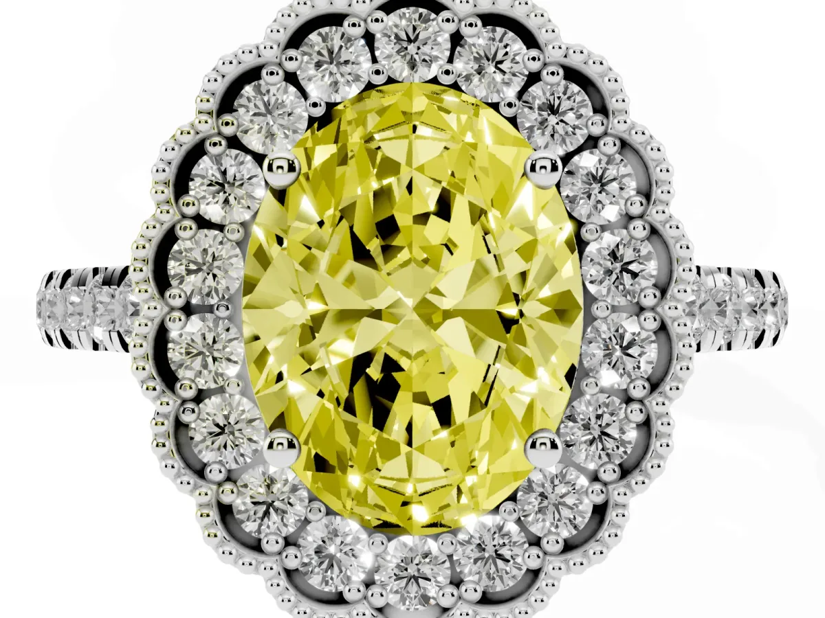 Fancy Yellow Oval Cut Cut Diamond Milgrain Floral Halo Engagement Ring with Pavé Band White gold