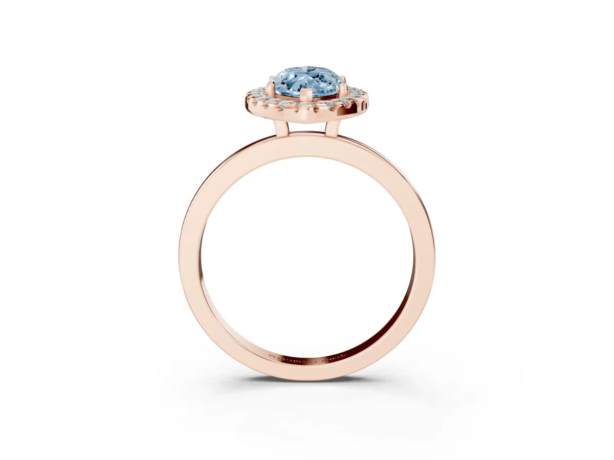 Fancy Blue Marquise Cut Halo Diamond Solitaire with Pavé Band and Four-Prong Setting Rose gold