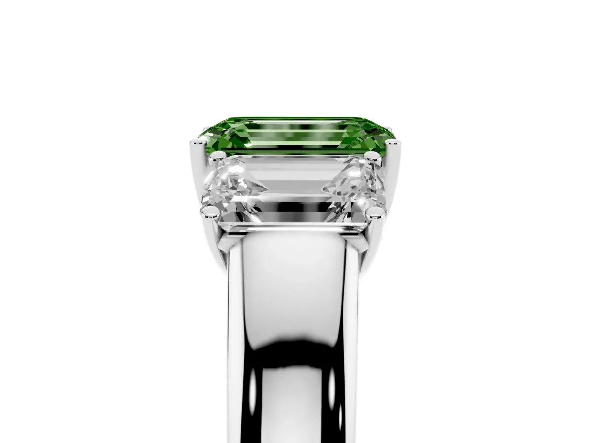 Fancy Green Three-Stone Emerald Cut Cut Diamond Ring with Prong Setting and Classic Band Silver